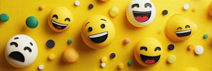 Fototapeta premium Emoji Background Showing Different Feelings and Expressions, With Yellow, Green, and Black Decorations