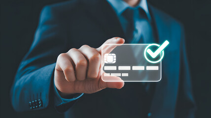 Professional holding transparent credit card with glowing checkmark confirming successful transaction