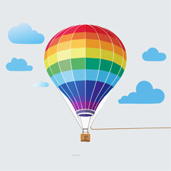 Obraz premium Rainbow Hot Air Balloon Floating Amidst Fluffy Clouds - A Colorful Skyward Journey