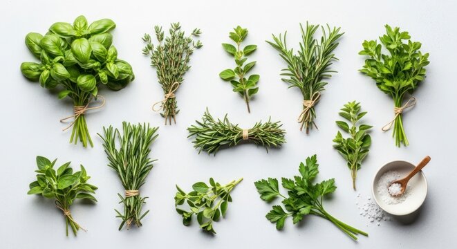 Assortment of Fresh Culinary Herbs and Spices Arranged on Light Gray Surface with Salt Bowl and Wooden Spoon