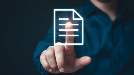 Professional touching digital document icon symbolizing data management and business innovation