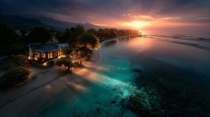Aerial drone view of tropical paradise island with crystal clear turquoise water palm trees and golden sunset sky