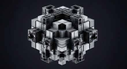 Futuristic abstract geometric structure with symmetrical cubic patterns, a 3D digital art creation of a complex megastructure