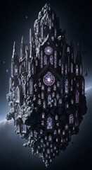 Gothic Cathedral Structure Floating In Outer Space With Stained Glass Windows