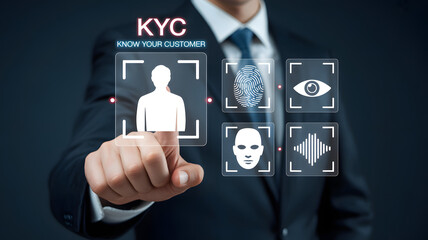 Professional businessman activates KYC identity verification with biometric scan on futuristic interface