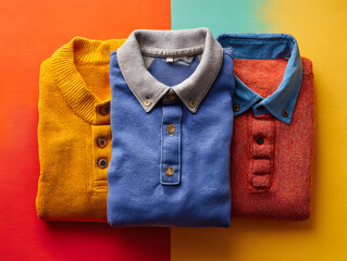 Three stylish polo shirts folded on a colorful background