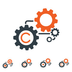 A stylized vector icon featuring interconnected gears, one with a prominent 'C' symbol, effectively conveys concepts of process, system development, and collaborative technology.