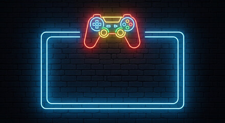Neon Gaming Controller Sign Brick Wall Background Gamer Advertising