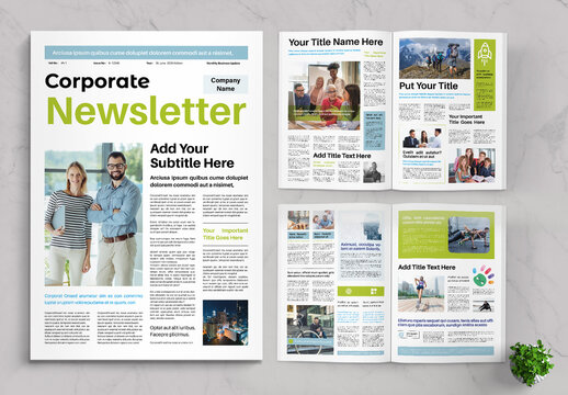 Corporate Newsletter Layout With Lime Green And Light Blue Accents