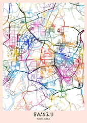 Gwangju South Korea City Map. downtown printable Landmarks print painting, travel art banner modern city, urban city art, background abstract