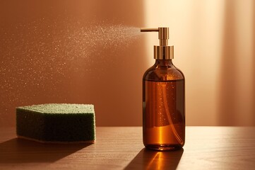 Amber glass spray bottle dispensing a fine mist of liquid onto a textured background with a sponge nearby