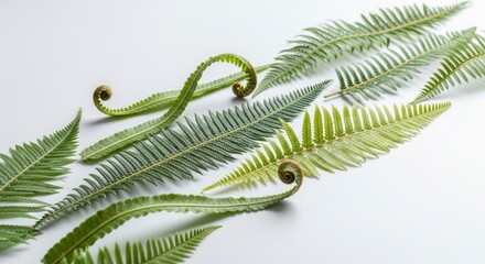 Green Fern Fronds on White Background Displaying Natural Texture and Detailed Foliage