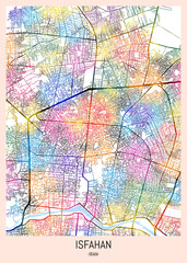Isfahan Iran City Map. downtown printable Landmarks print painting, travel art banner modern city, urban city art, background abstract