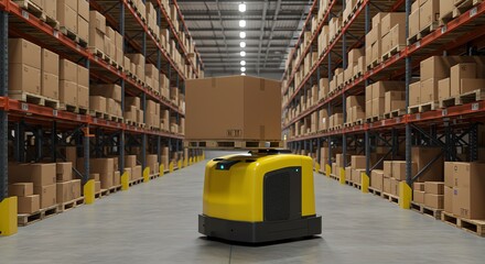 Warehouse with automated guided vehicle and boxes