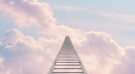 Pastel-toned stairway to heaven, leading to a cloudy sky.