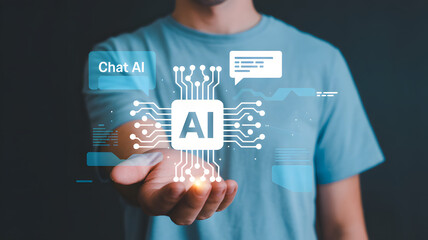 Person holding glowing AI chip with chat bubbles symbolizing future communication and technology