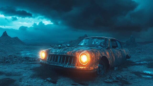 Abandoned rusty car in a desolate landscape at dusk