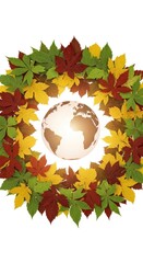 Autumnal Wreath Composition Surrounding Earth Globe on White Background