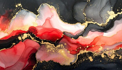 Abstract Fluid Art Ink Gold Background with Red and Black.