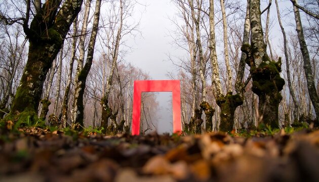 Red rectangle doorway in a forest - Powered by Adobe