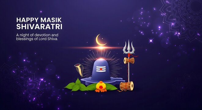 Lord shiva lingam with trident and crescent moon on masik shivaratri
