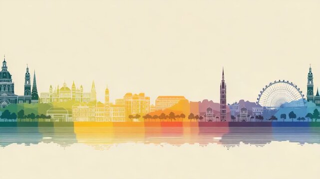 A city skyline with a large building in the middle. Flat minimal infographic timeline of Budapest pride events with faint Hungarian flag color overlay, clean muted