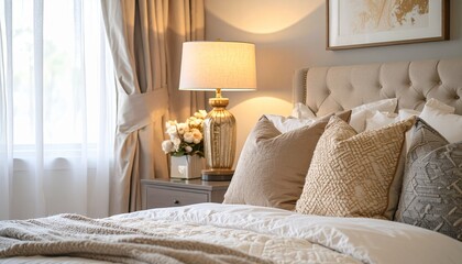 Cozy Bedroom Interior with Bed, Lamp, Beige Pillows, and Home Decor.