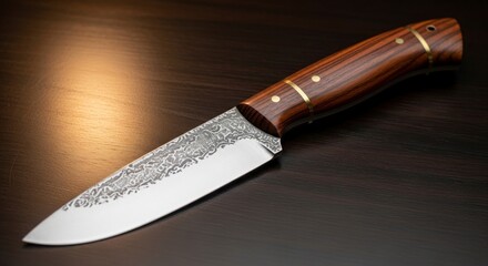 Handcrafted Knife with Wooden Handle on Dark Surface Sharp Blade and Decorative Metalwork