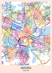 Madurai Tamil Nadu City Map. downtown printable Landmarks print painting, travel art banner modern city, urban city art, background abstract