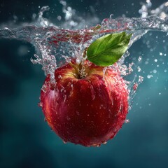 red apple with green leaf underwater splash motion