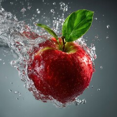 red apple with green leaf underwater splash motion