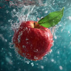 red apple with green leaf underwater splash motion
