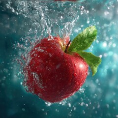red apple with green leaf underwater splash motion