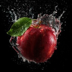 red apple with green leaf underwater splash motion