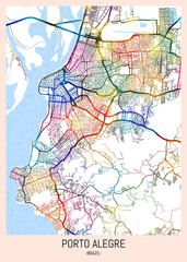 Porto Alegre Brazil City Map. downtown printable Landmarks print painting, travel art banner modern city, urban city art, background abstract