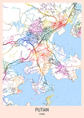Putian China City Map. downtown printable Landmarks print painting, travel art banner modern city, urban city art, background abstract