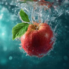 red apple with green leaf underwater splash motion