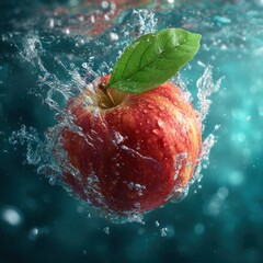 red apple with green leaf underwater splash motion