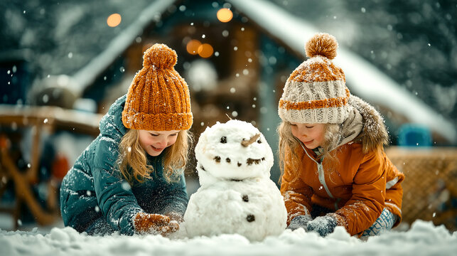 children playing with snowman snow happiness build a snowman