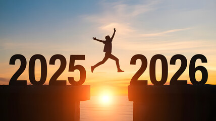 Leap into the future person jumping from 2025 to 2026 at sunrise symbolizing new beginnings