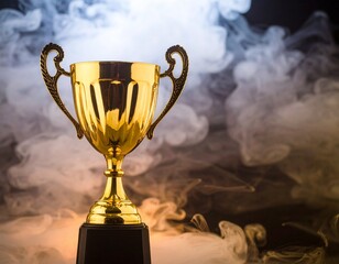 Golden Trophy Cup with Success Symbol, and Against Smoke Background.