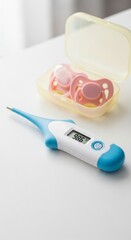 Baby Items Arrangement Digital Thermometer and Pacifiers on White Surface