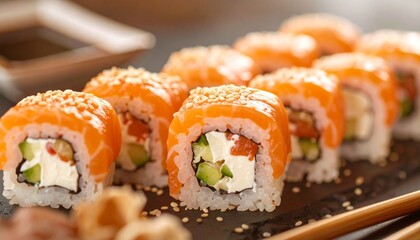 Salmon Sushi Rolls with sesame seeds with Japanese cuisine, and close up.