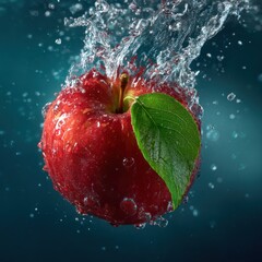 red apple with green leaf underwater splash motion