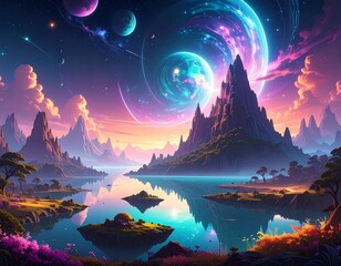 Fantasy landscape with planets and mountains in vibrant colors.