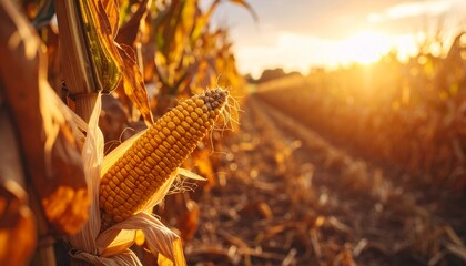 Ripe Corn on the Cob in Field at Sunset Agriculture Harvest.