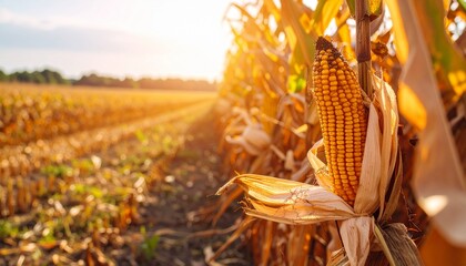 Cornfield in sunset Harvest concept with agricultural background.