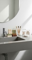 Bathroom Sink with Round Mirror and Natural Soaps and Products in Neutral Tones