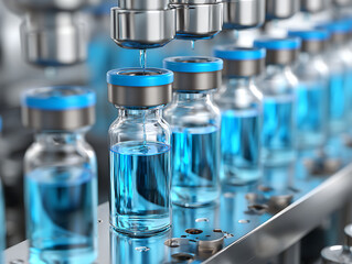 Vials Being Filled With Blue Liquid at a Pharmaceutical Production Facility During the Daytime in a Sterile Environment