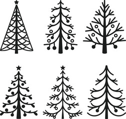 Fototapeta premium Christmas Line Art Vector Set of Decorative Trees with Stars and Ornaments